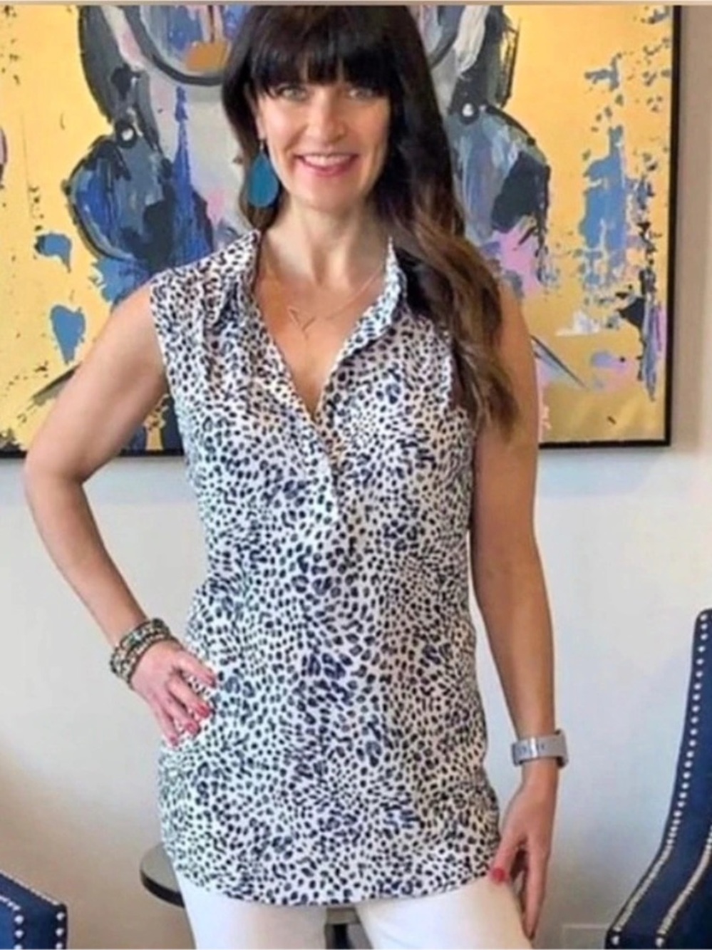 Cabi Catwalk Blouse Women's Blue & White Animal Print Size Medium